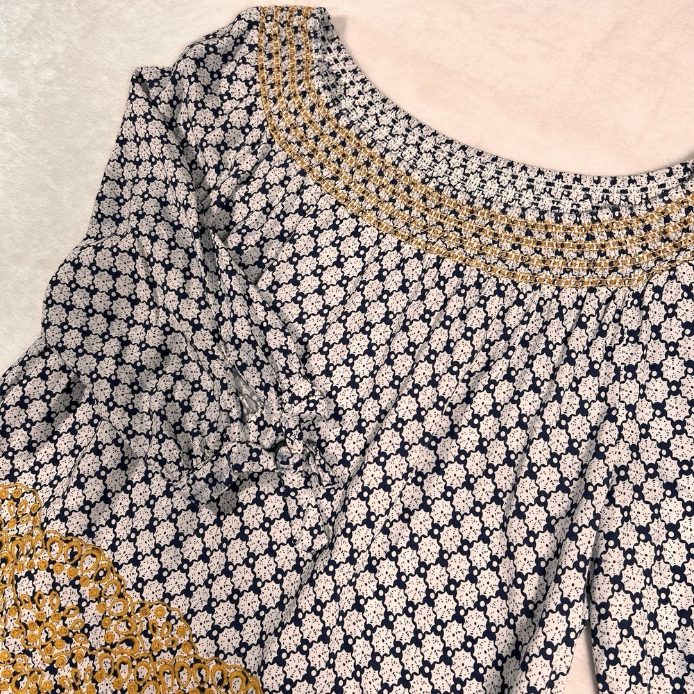 FEVER Boho Geometric Peasant Blouse On/Off Shoulder 3/4 Bell Sleeve Flowy Med